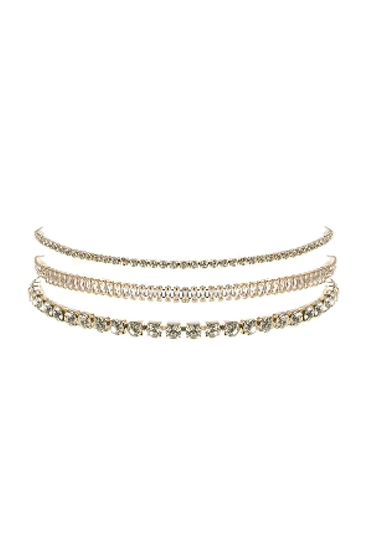 CUBIC ZIRCONIA & RHINESTONE BAGUETTE 3 LAYER CHOKER SET NECKLACE