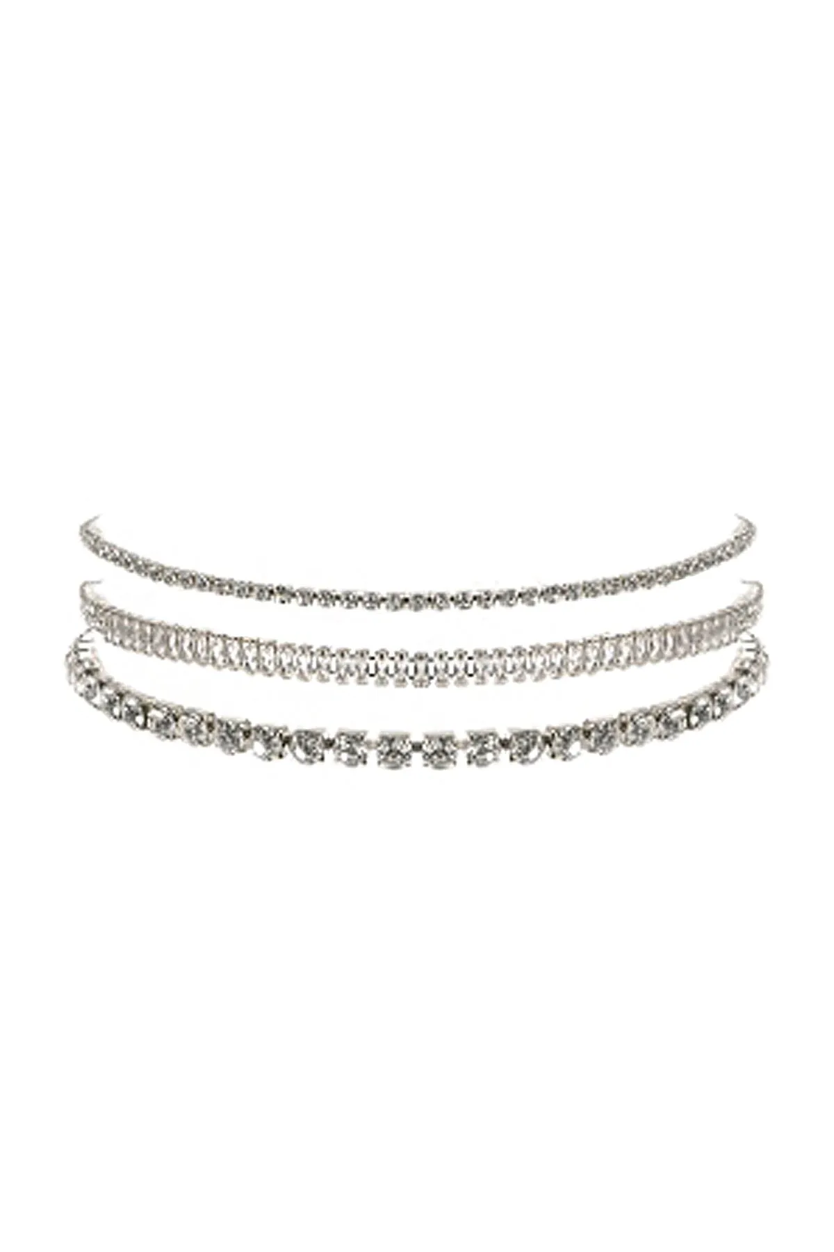 CUBIC ZIRCONIA & RHINESTONE BAGUETTE 3 LAYER CHOKER SET NECKLACE