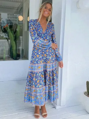 CYCLADES Blue Floral Printed Boho Maxi Dress
