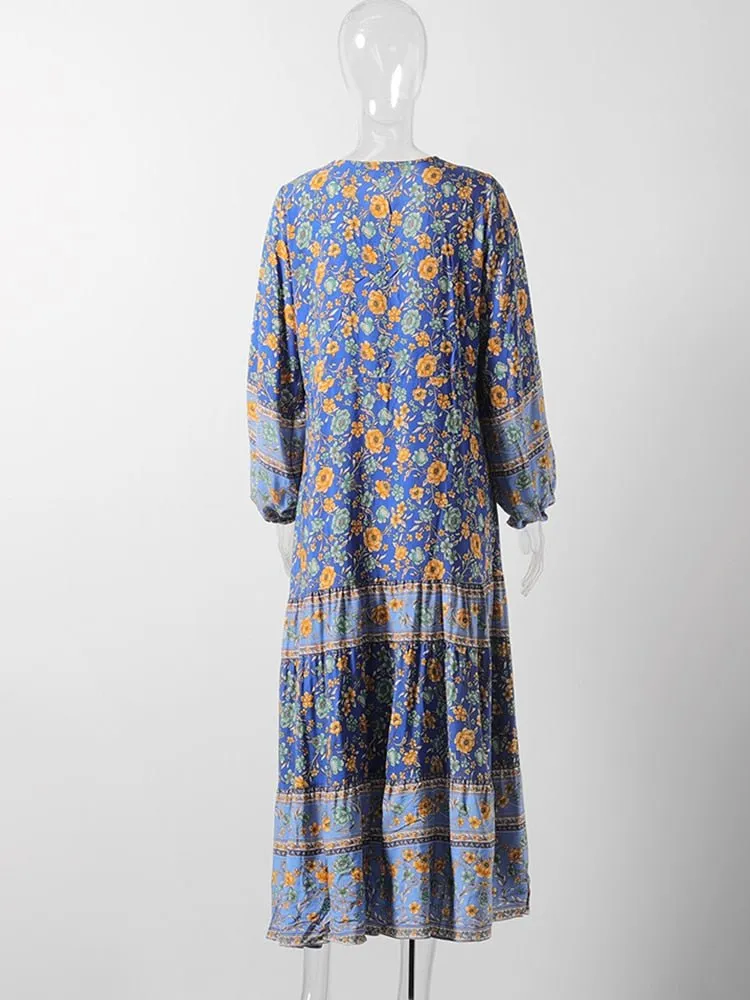 CYCLADES Blue Floral Printed Boho Maxi Dress