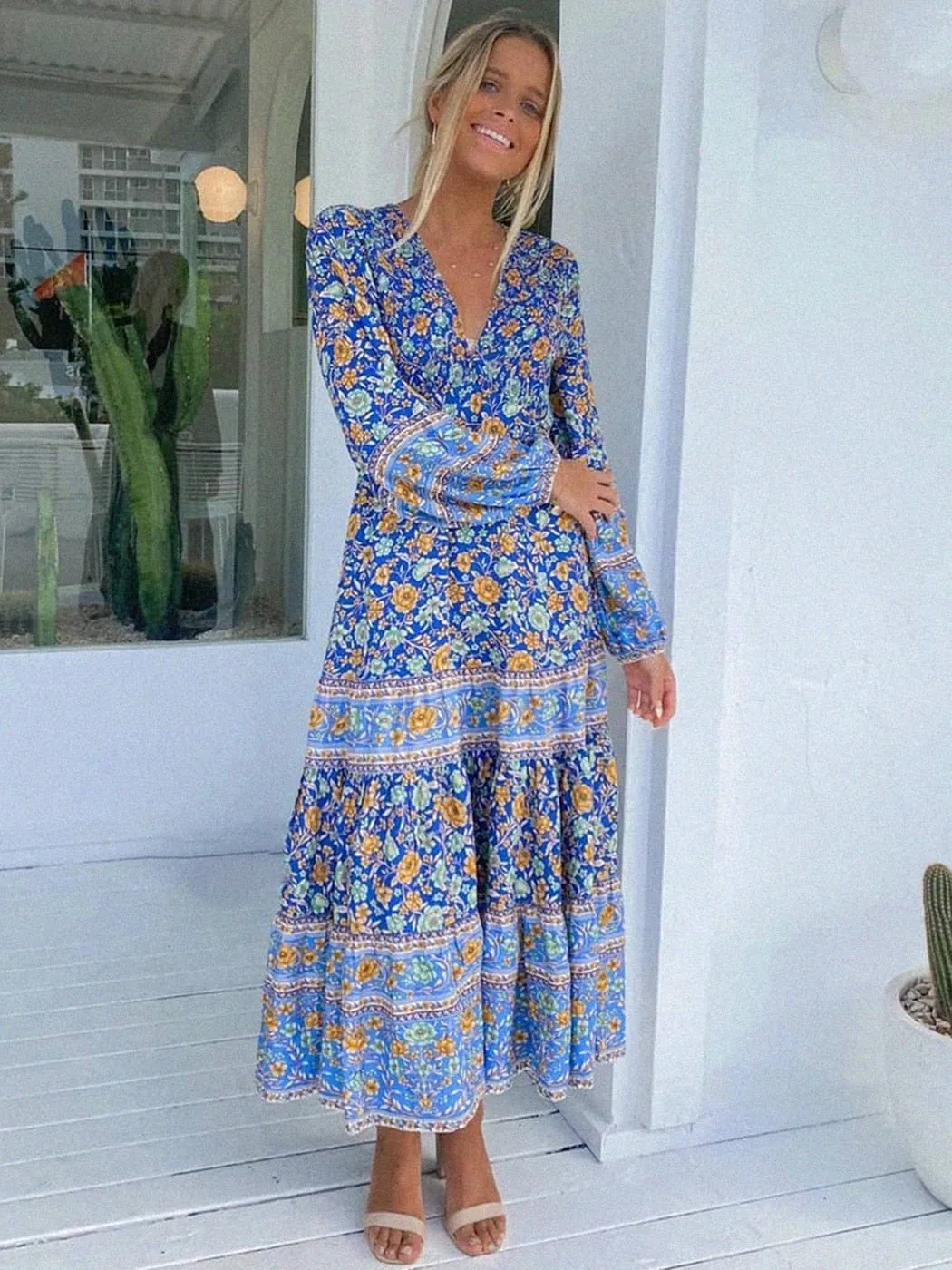 CYCLADES Blue Floral Printed Boho Maxi Dress