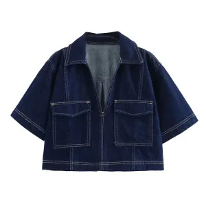 Denim Turn-Down Collar Short Sleeves Top & Skort Two-Piece Set Clothes