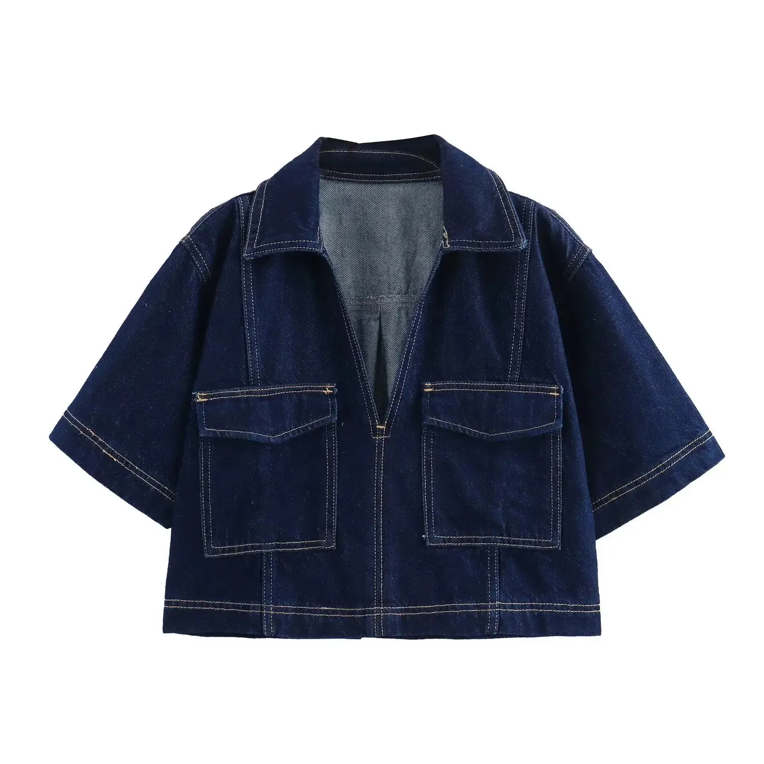Denim Turn-Down Collar Short Sleeves Top & Skort Two-Piece Set Clothes
