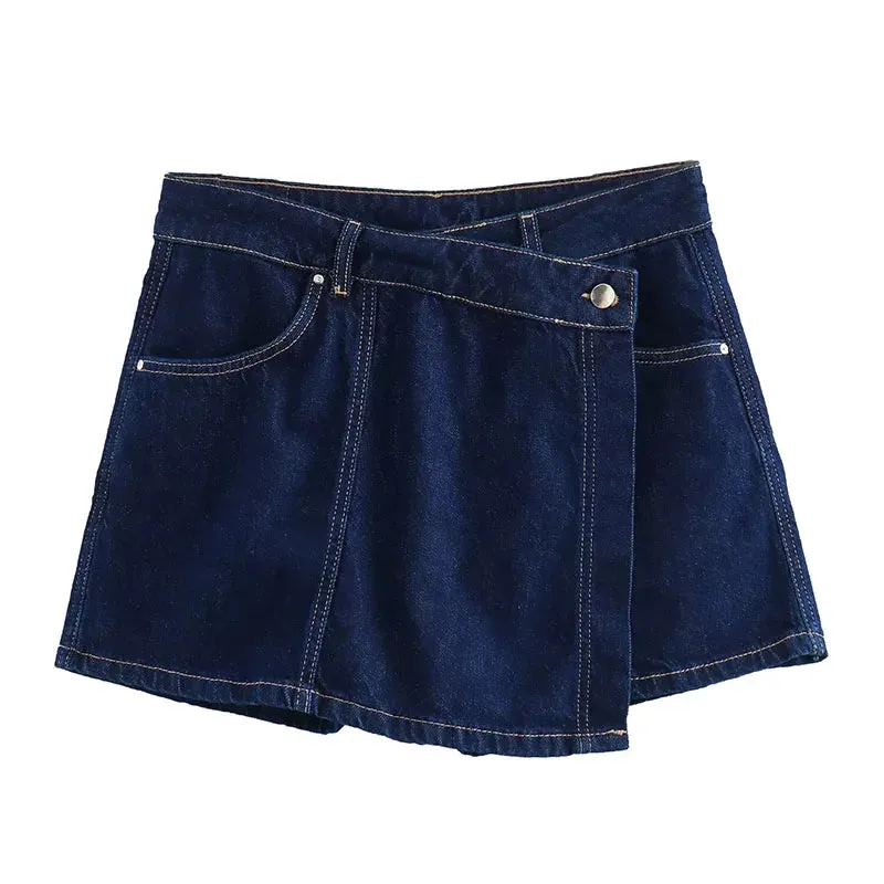 Denim Turn-Down Collar Short Sleeves Top & Skort Two-Piece Set Clothes