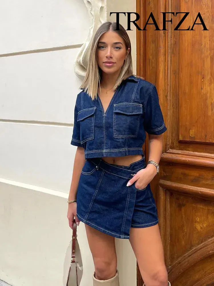 Denim Turn-Down Collar Short Sleeves Top & Skort Two-Piece Set Clothes