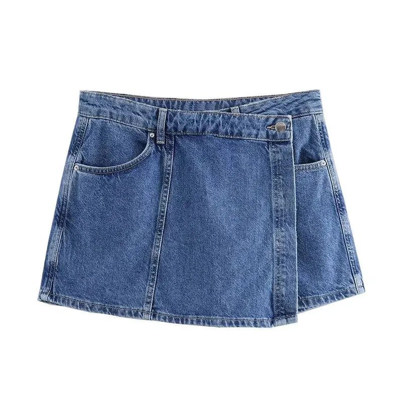 Denim Turn-Down Collar Short Sleeves Top & Skort Two-Piece Set Clothes