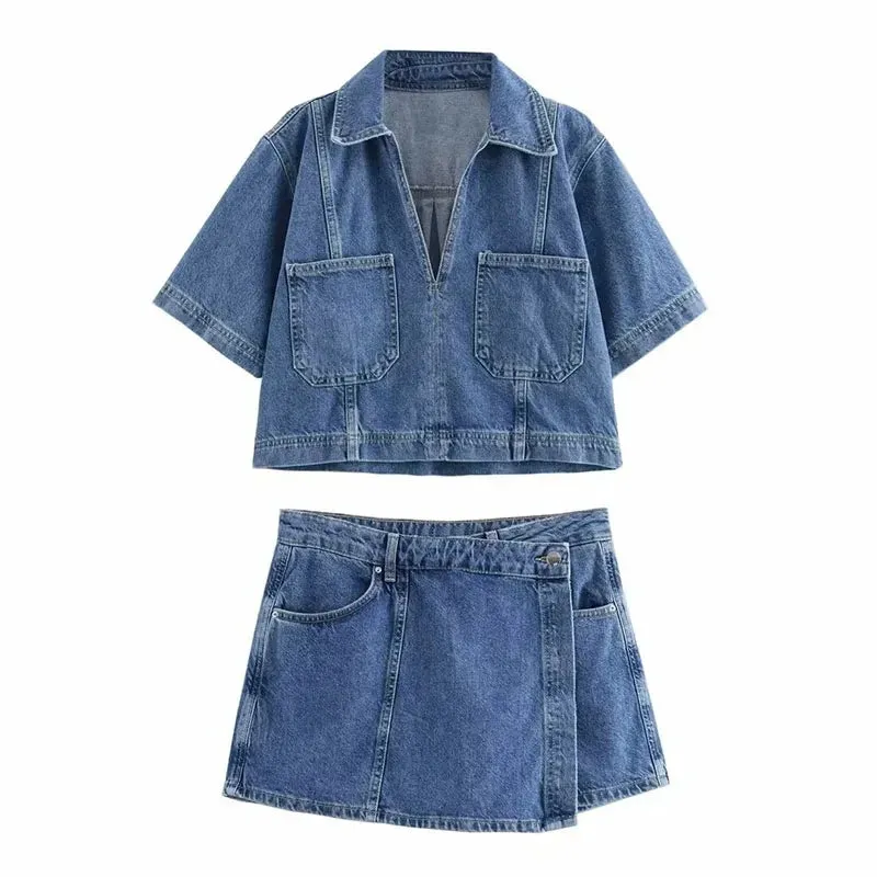 Denim Turn-Down Collar Short Sleeves Top & Skort Two-Piece Set Clothes