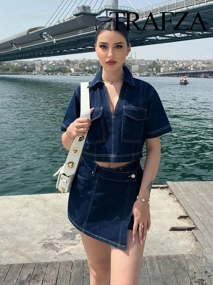 Denim Turn-Down Collar Short Sleeves Top & Skort Two-Piece Set Clothes