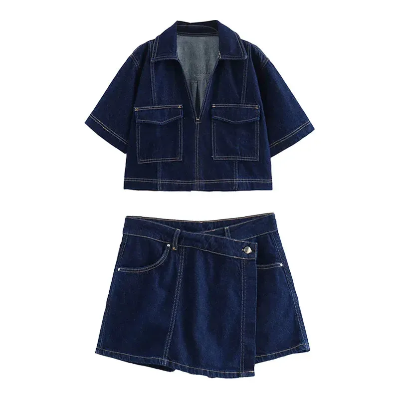Denim Turn-Down Collar Short Sleeves Top & Skort Two-Piece Set Clothes