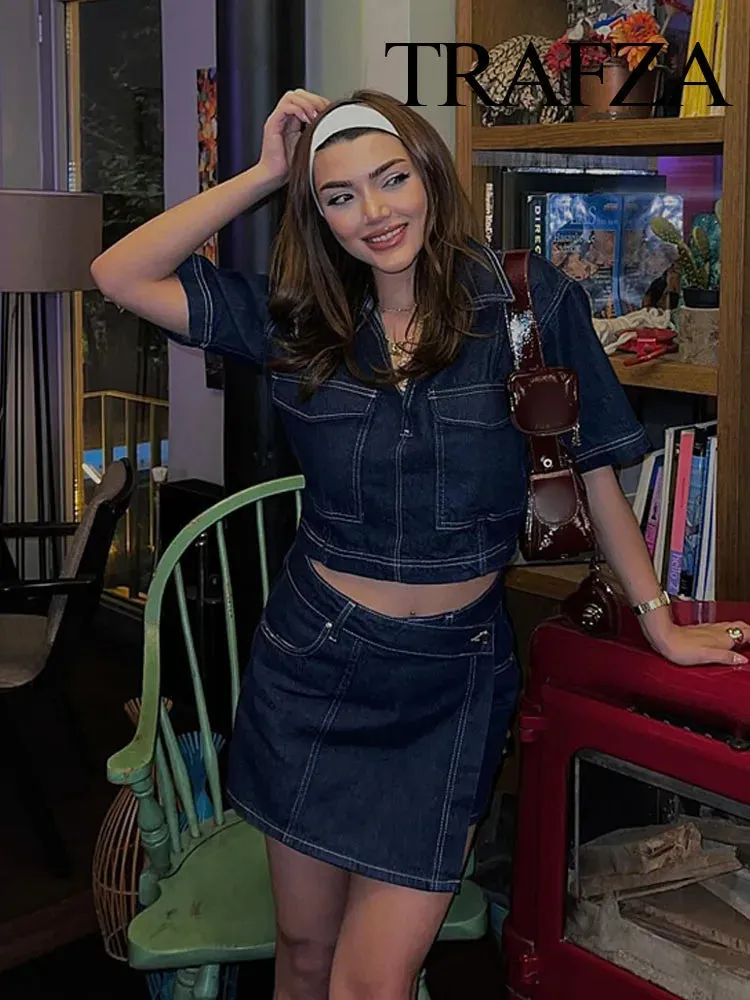 Denim Turn-Down Collar Short Sleeves Top & Skort Two-Piece Set Clothes
