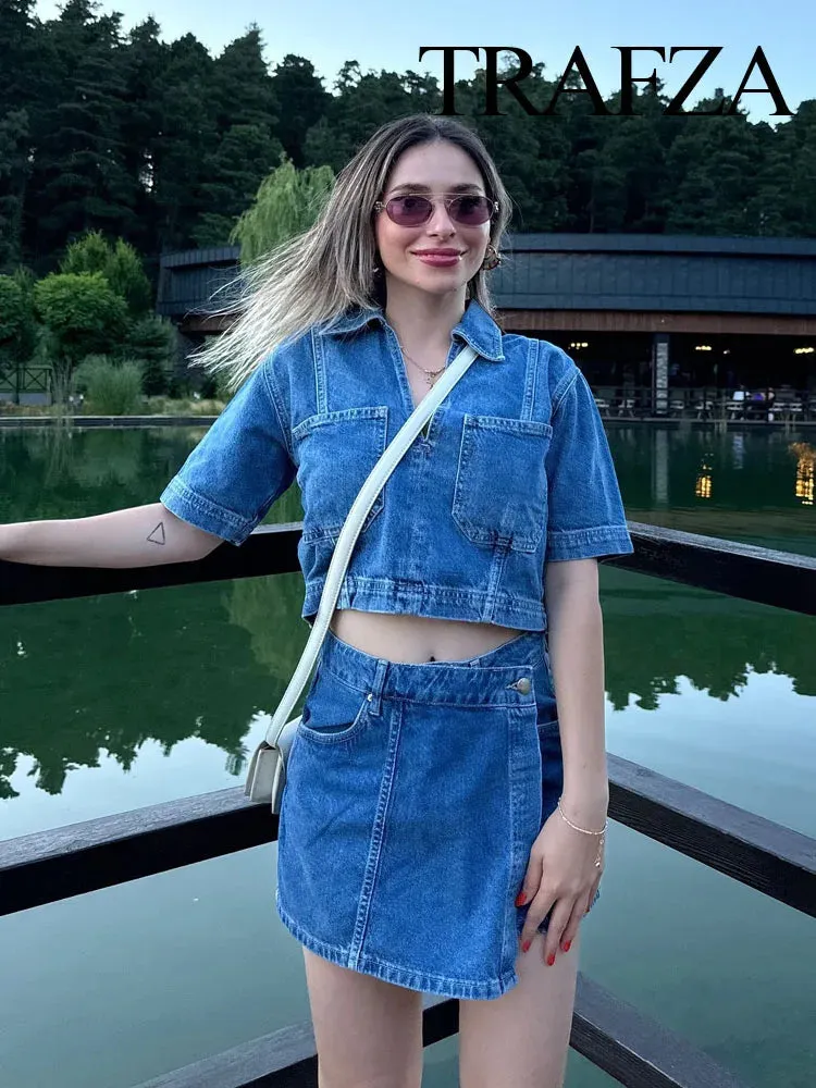 Denim Turn-Down Collar Short Sleeves Top & Skort Two-Piece Set Clothes
