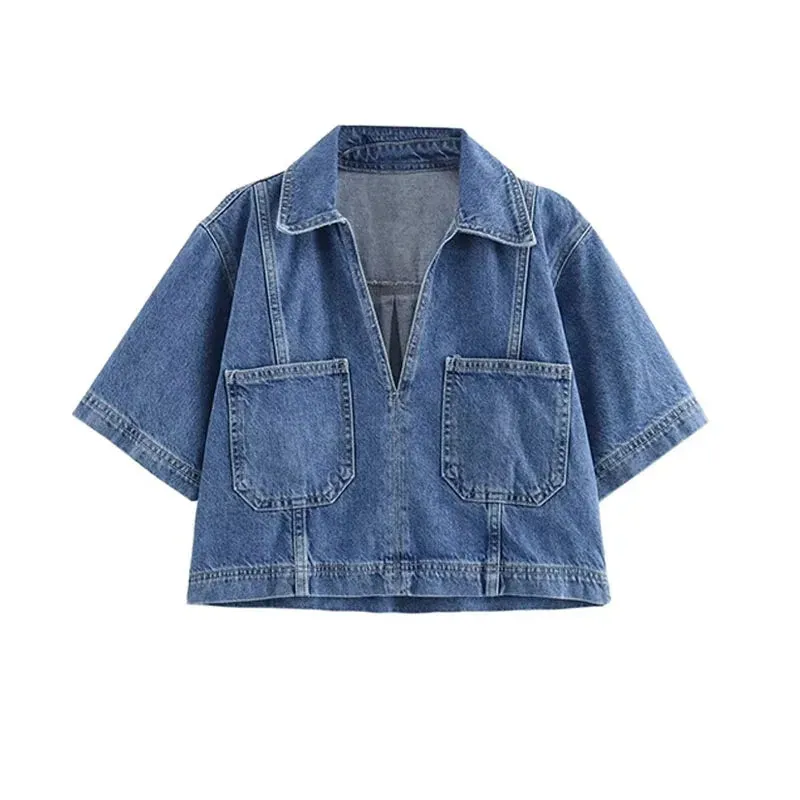 Denim Turn-Down Collar Short Sleeves Top & Skort Two-Piece Set Clothes
