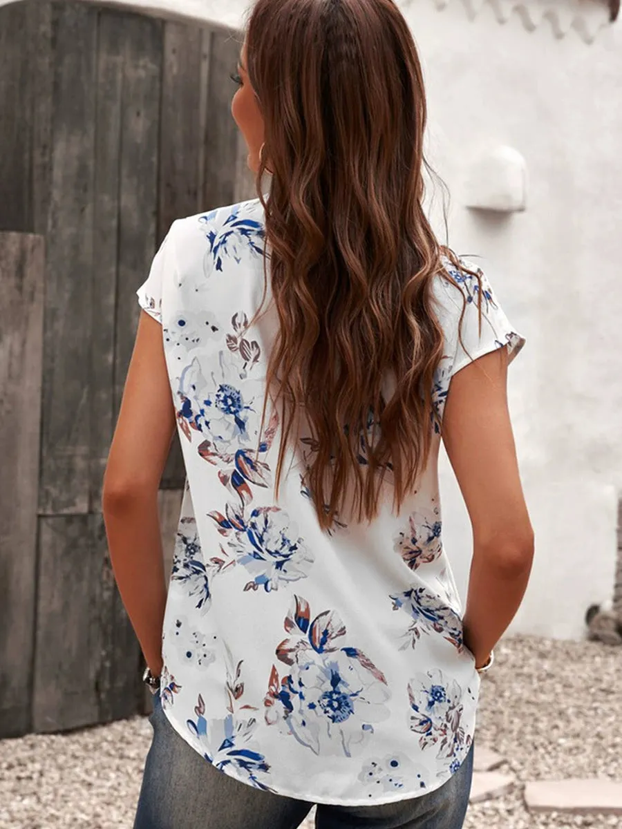 Dillamon Printed Chiffon Sexy Short Sleeve Blouse