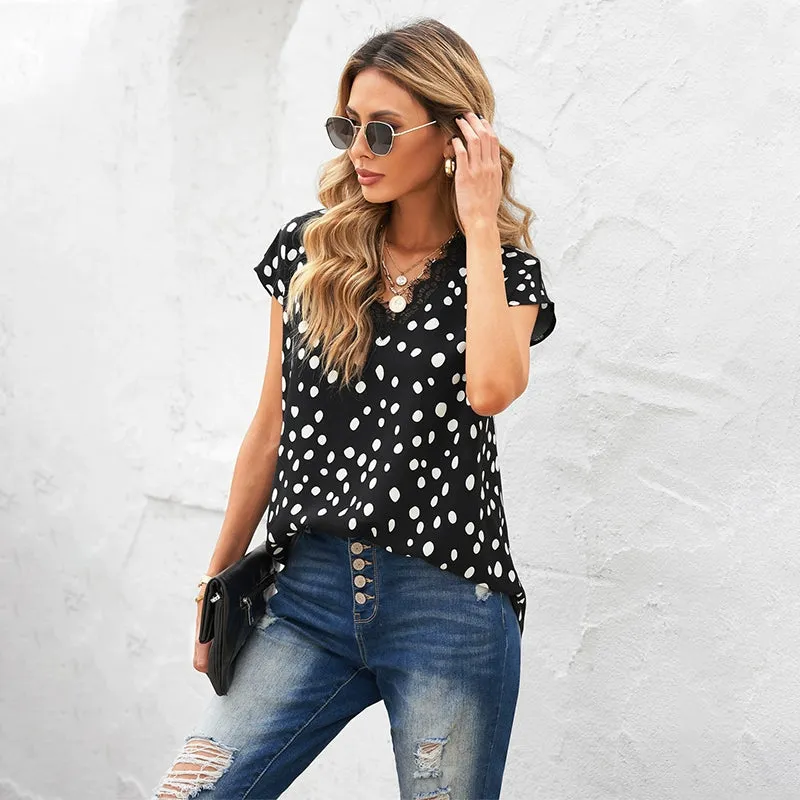 Dillamon Printed Chiffon Sexy Short Sleeve Blouse