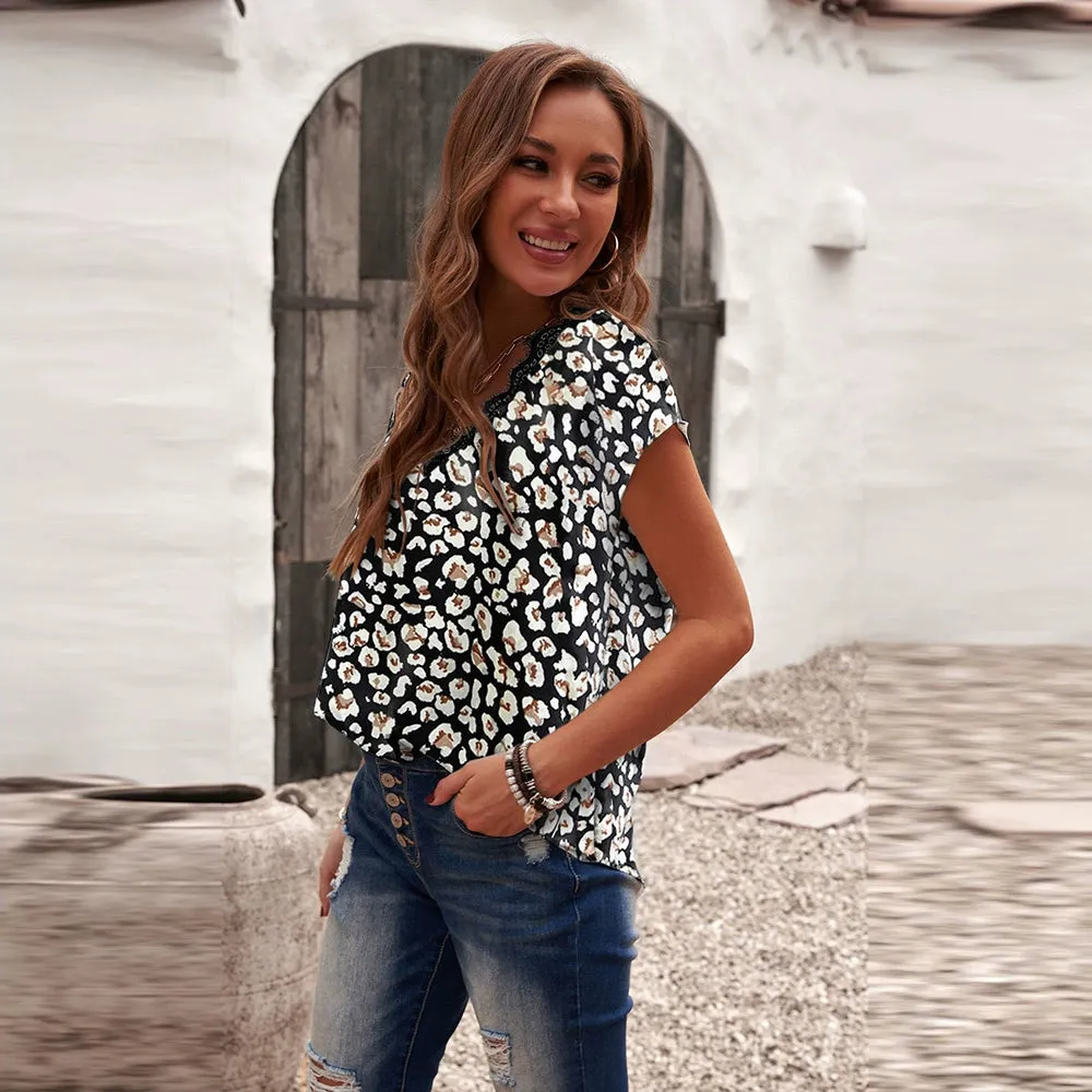 Dillamon Printed Chiffon Sexy Short Sleeve Blouse