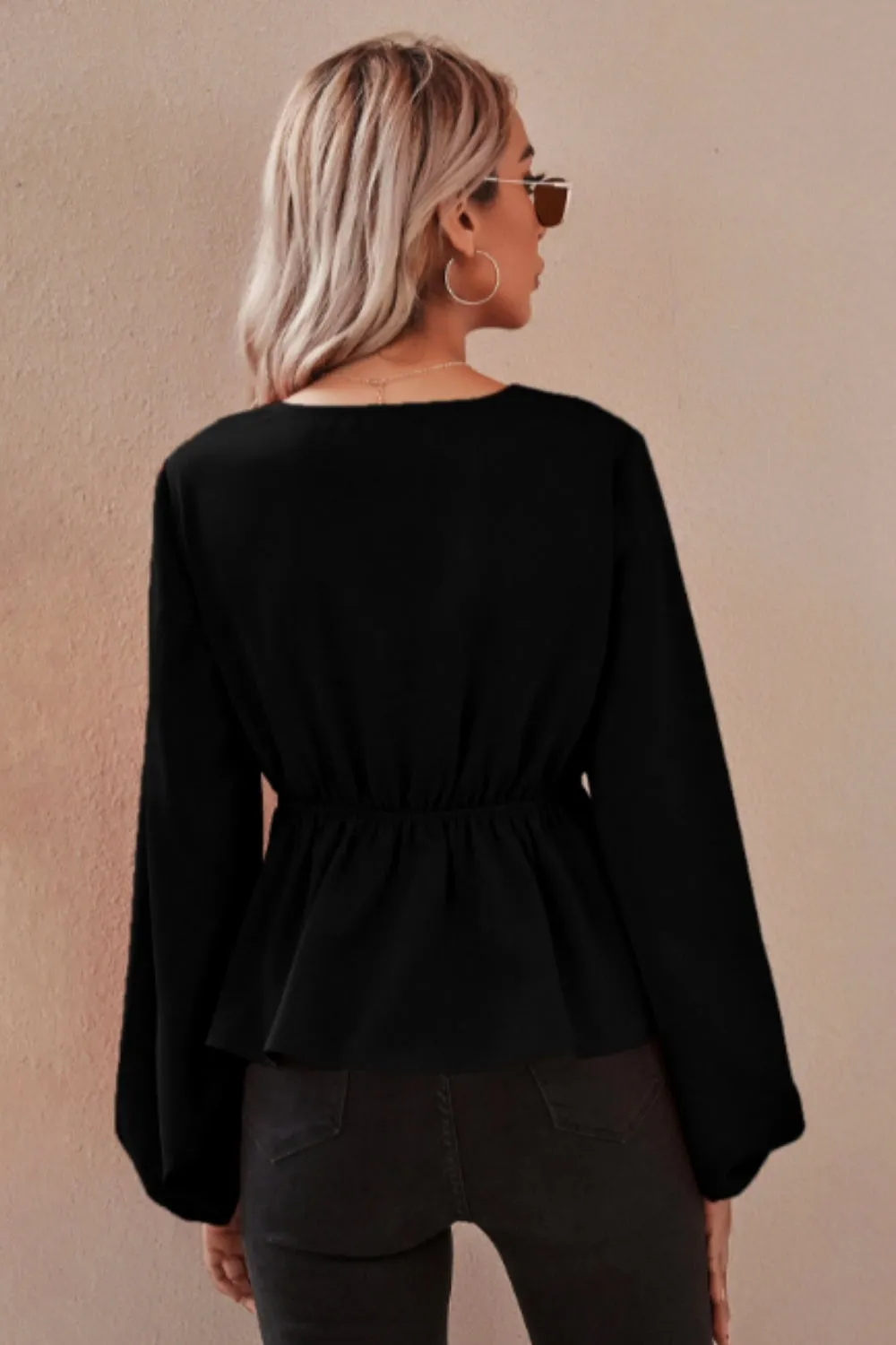 Drawstring Waist Lantern Sleeve Babydoll Blouse