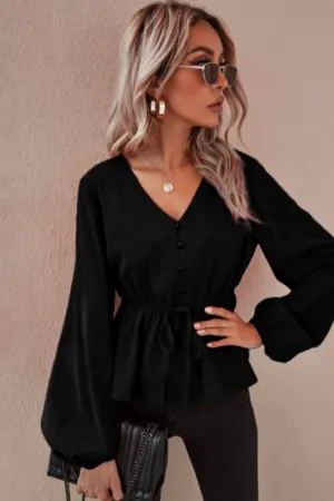 Drawstring Waist Lantern Sleeve Babydoll Blouse