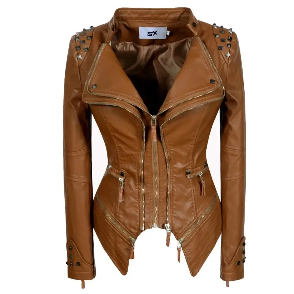 Edgy PU Faux Leather Jacket for Women - Rivet and Zipper Details for Street Style