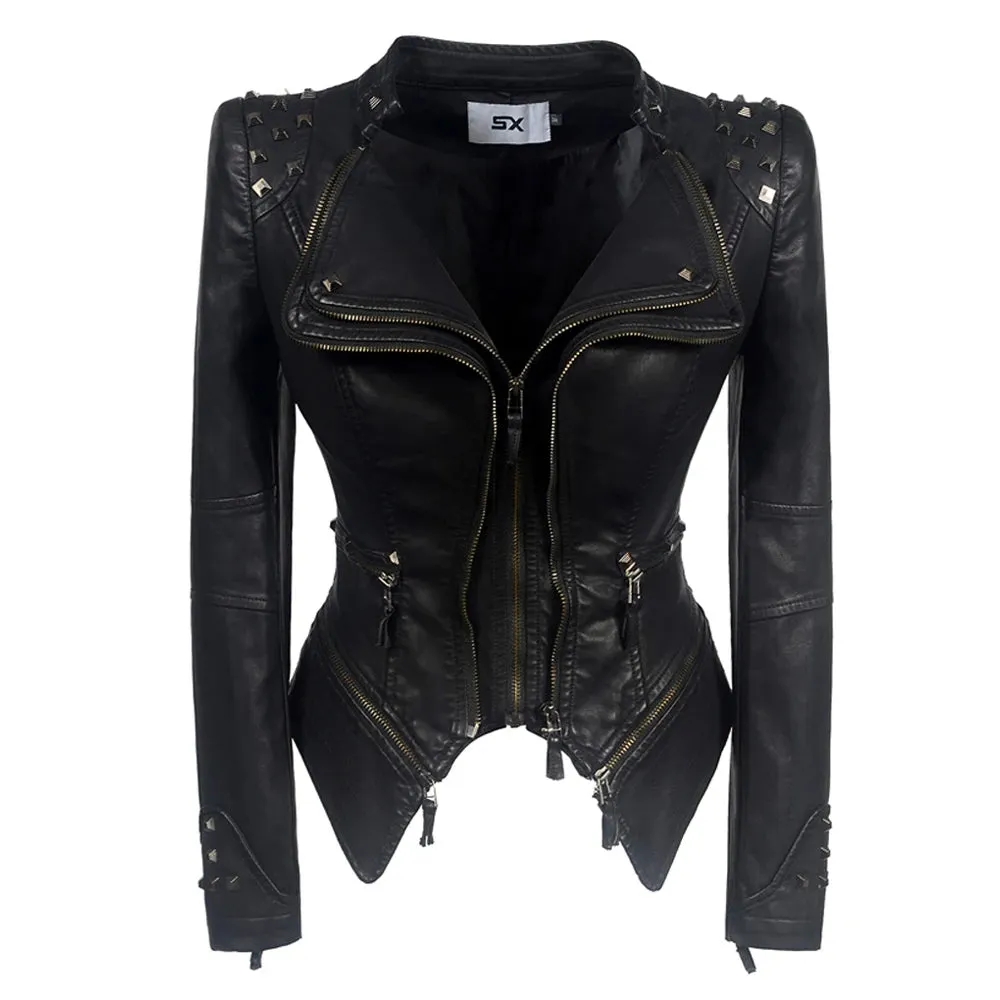 Edgy PU Faux Leather Jacket for Women - Rivet and Zipper Details for Street Style