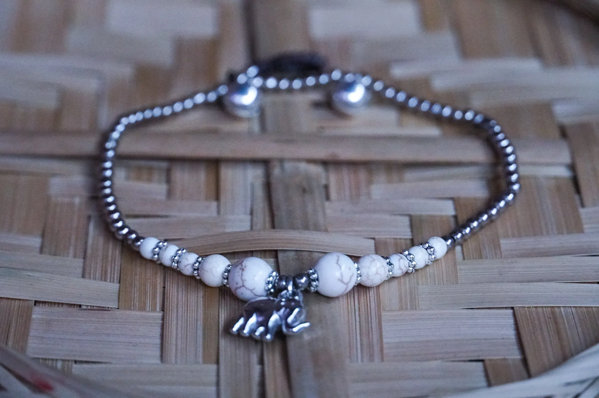 Elephant White Turquoise Boho Silver Anklet