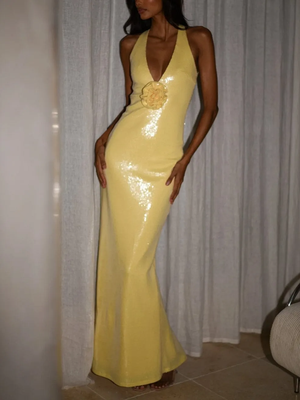 Eliza Rose Sequin Maxi Dress in Lemon