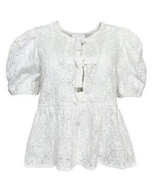 Eyelet Puff Sleeve Bottom Ruffle Front Tie Top in Off White