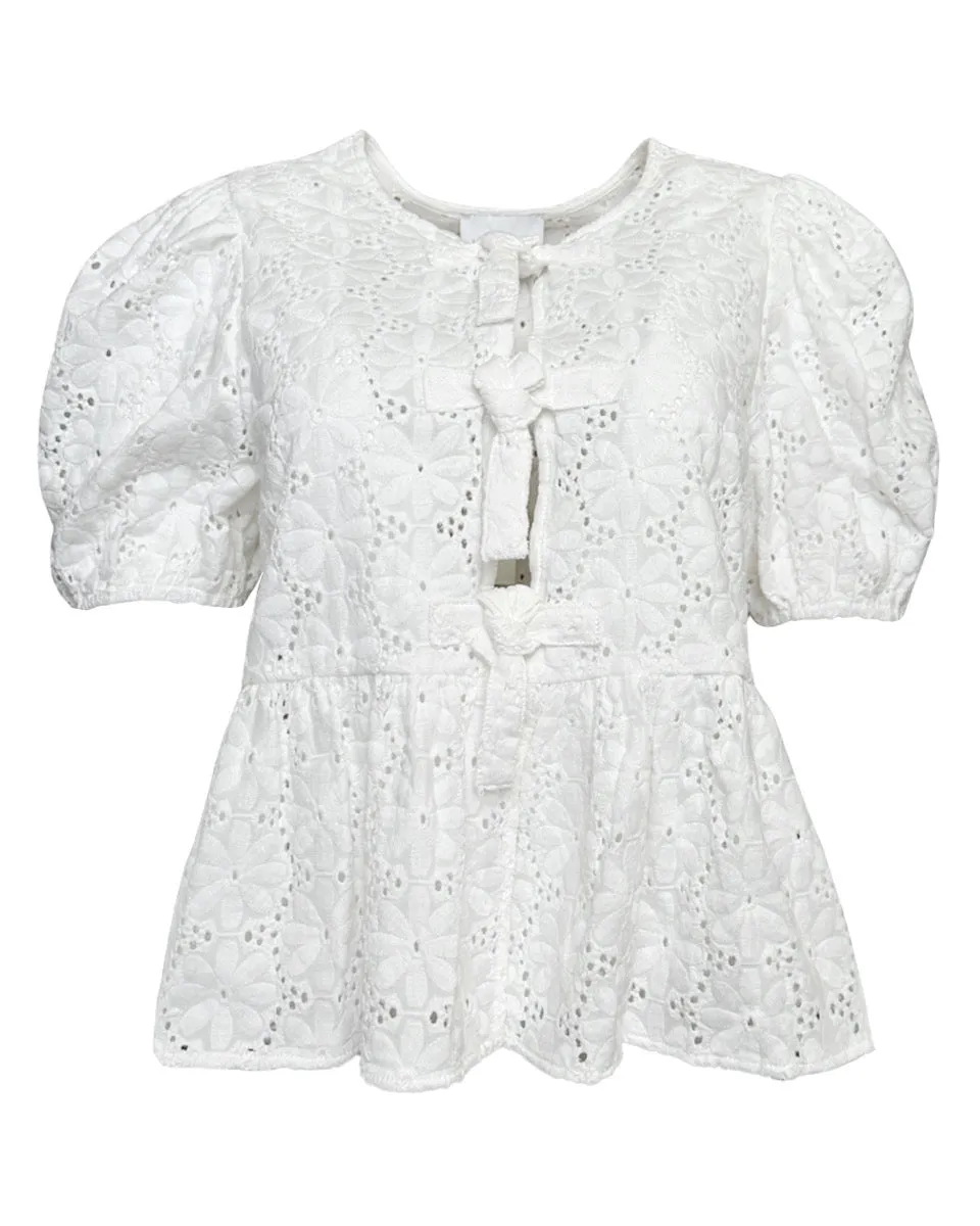 Eyelet Puff Sleeve Bottom Ruffle Front Tie Top in Off White
