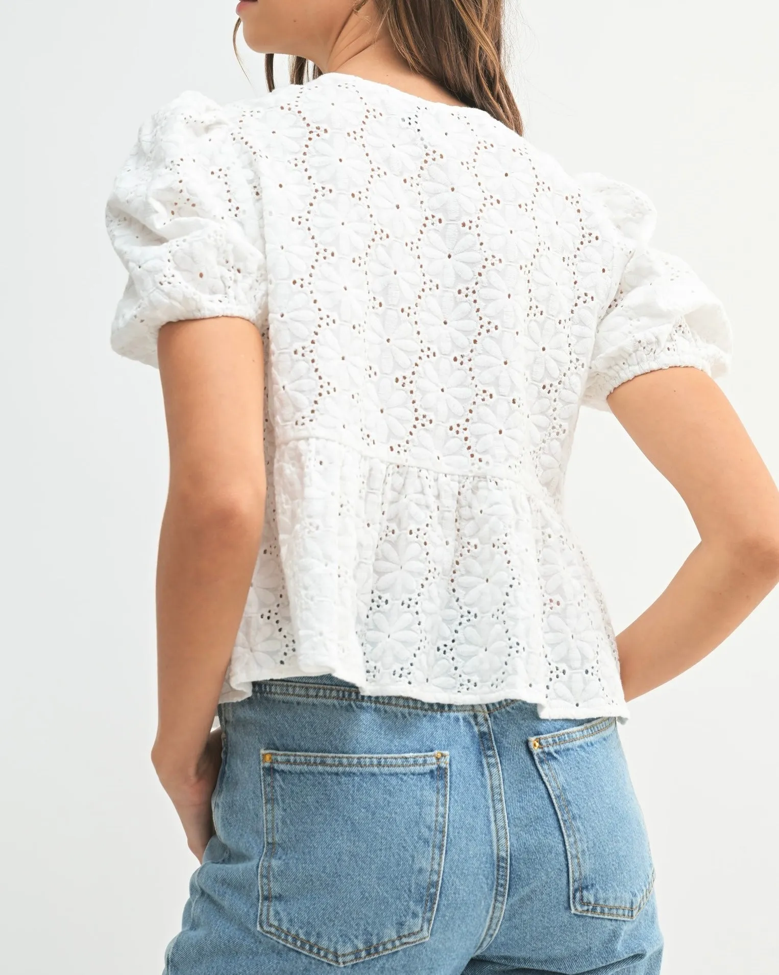 Eyelet Puff Sleeve Bottom Ruffle Front Tie Top in Off White