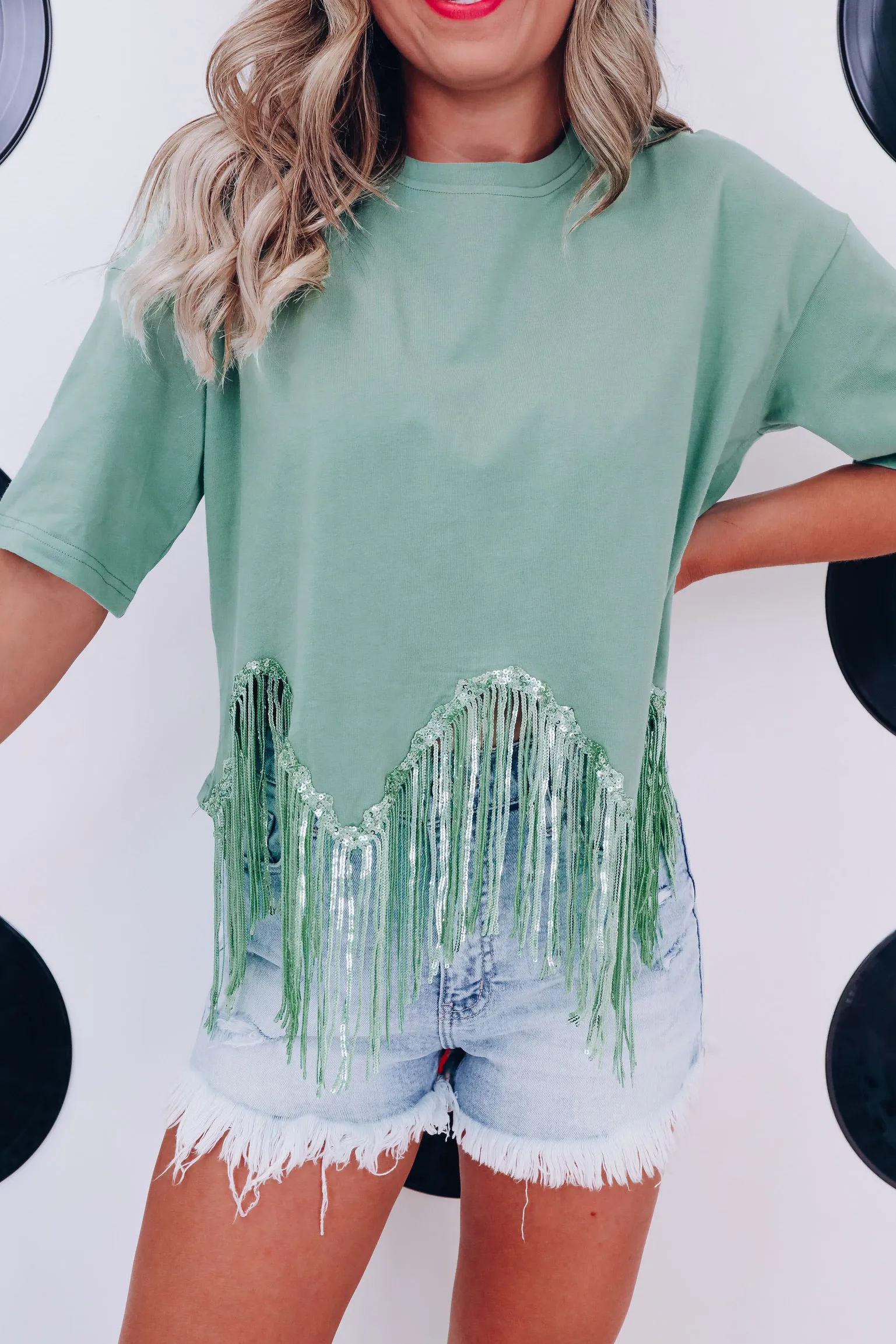 Fabulously Fringed Sequin Crop T-Shirt - Olive