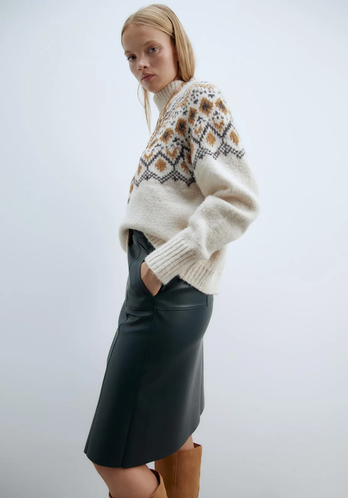 Faux leather knee-length skirt - Green