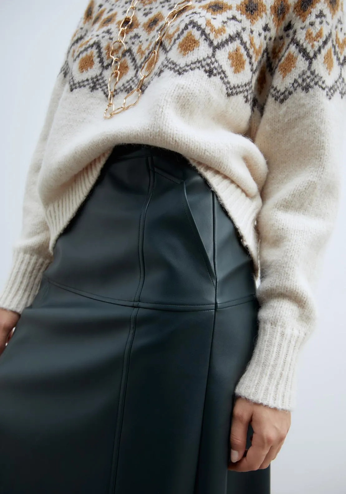 Faux leather knee-length skirt - Green