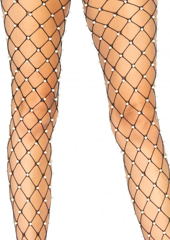 Faux Pearl Net Tights - One Size - Black