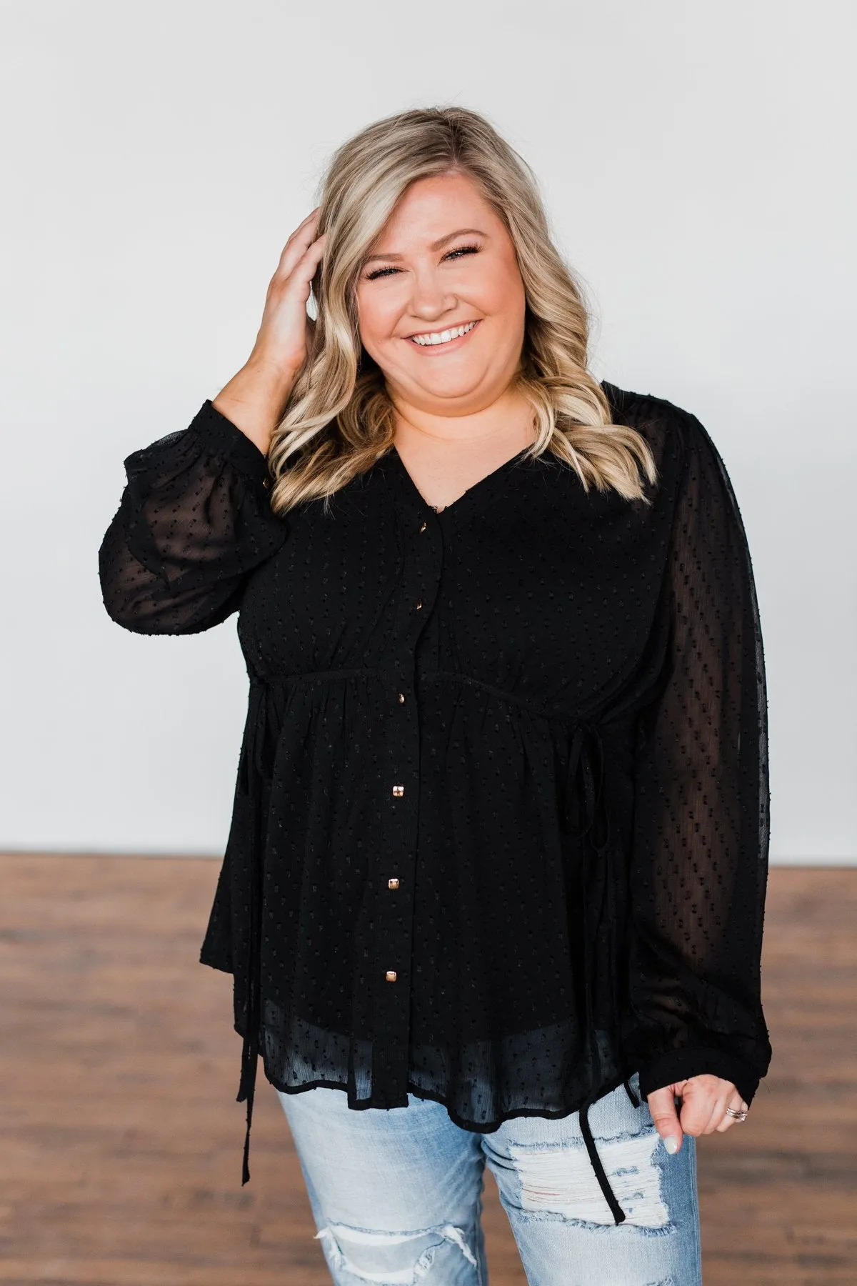 Get Together V-Neck Tie Blouse- Black