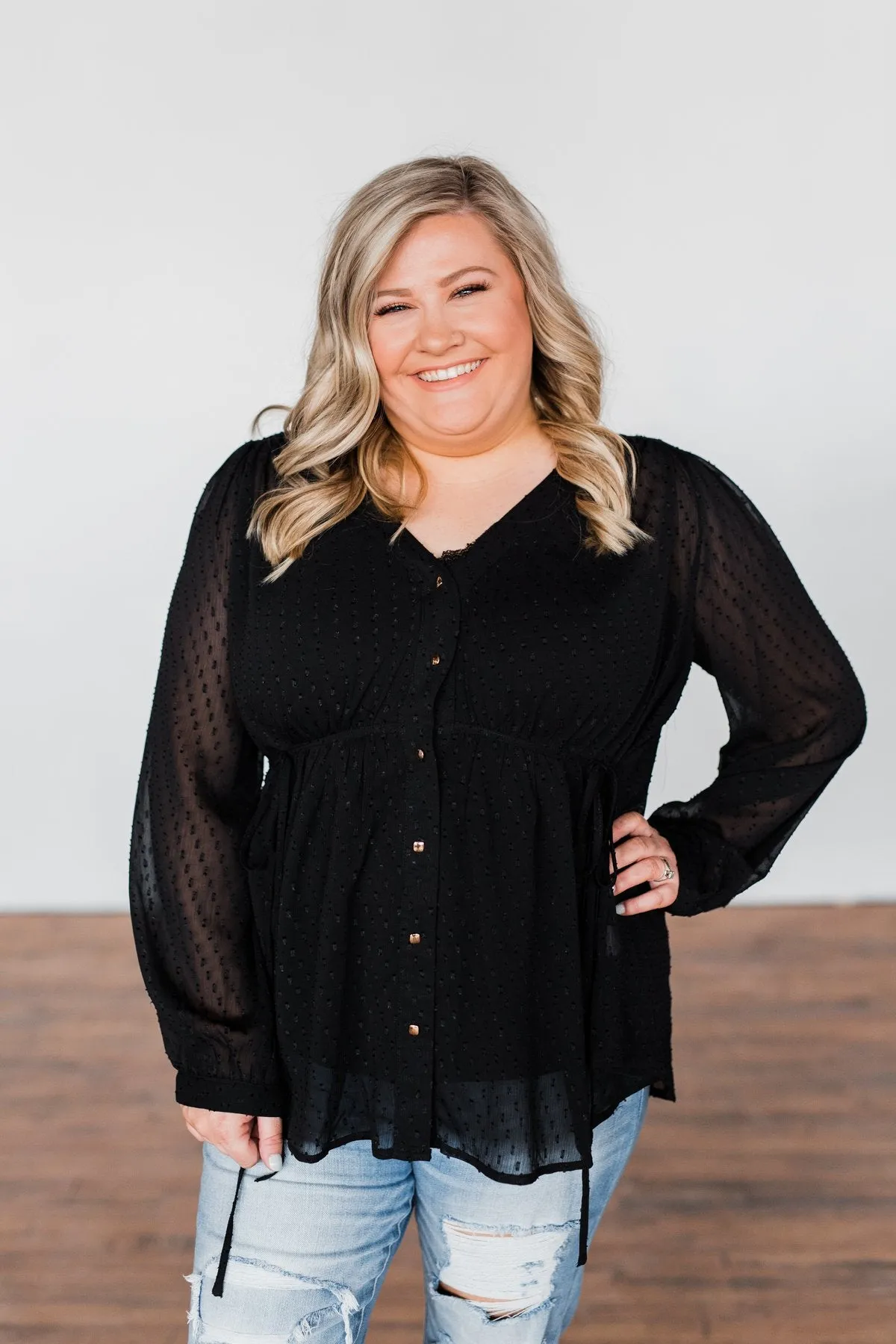Get Together V-Neck Tie Blouse- Black