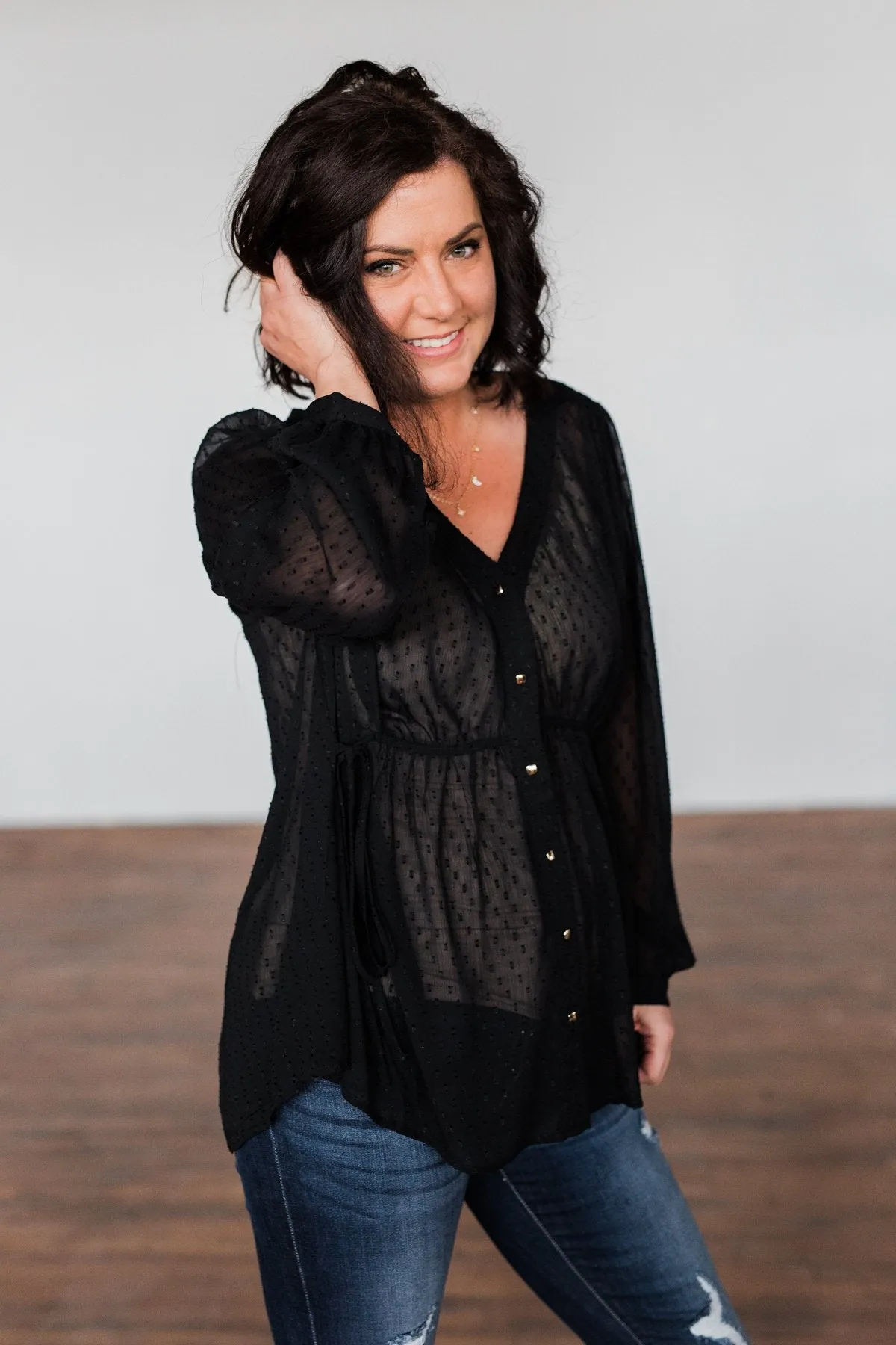 Get Together V-Neck Tie Blouse- Black