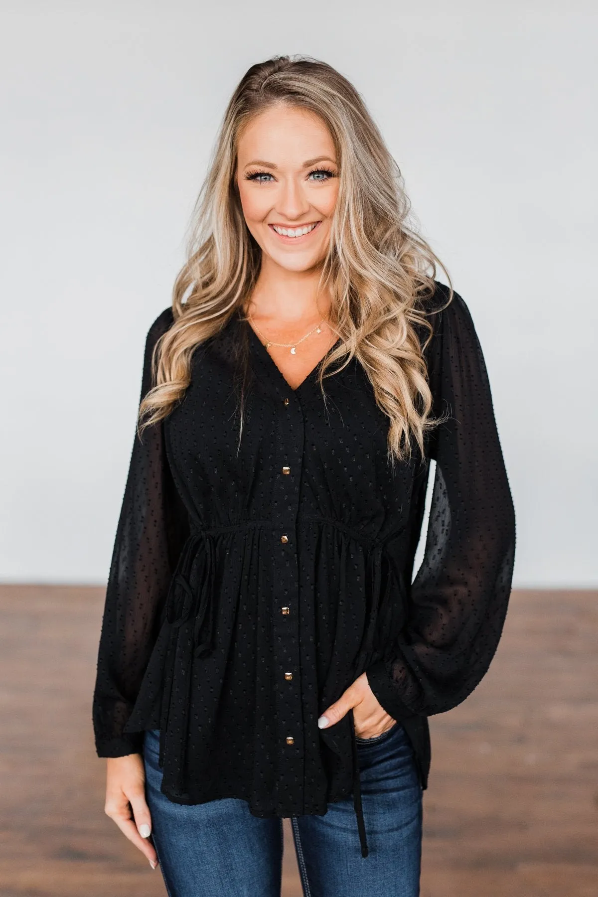Get Together V-Neck Tie Blouse- Black