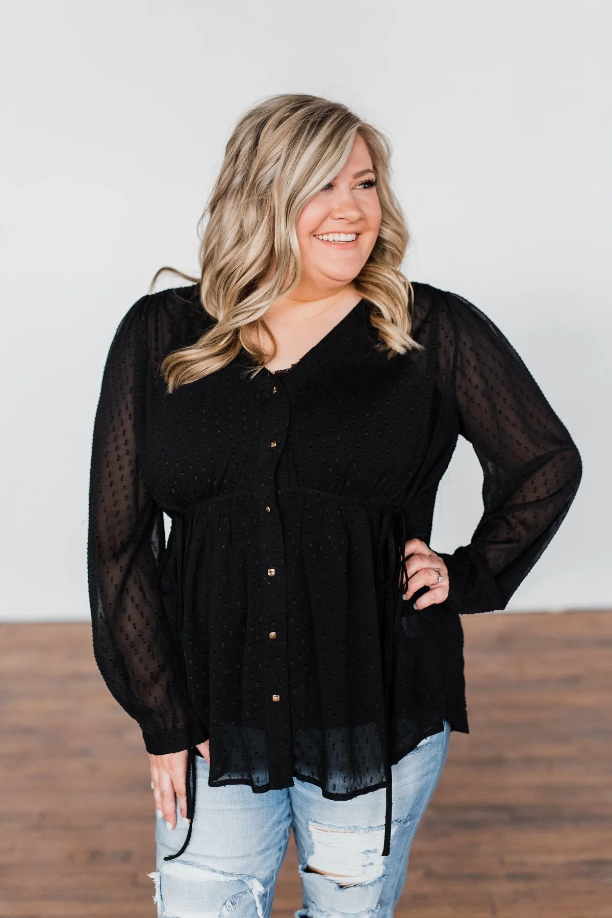 Get Together V-Neck Tie Blouse- Black