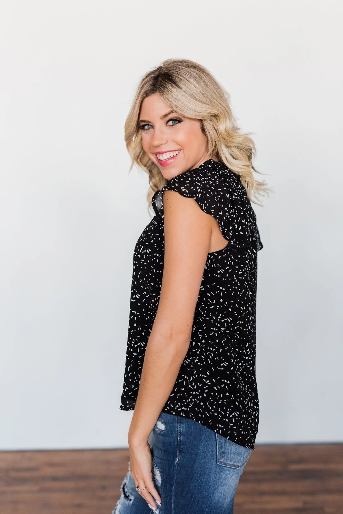 Give It A Go Ruffle Sleeve Top- Black & Ivory
