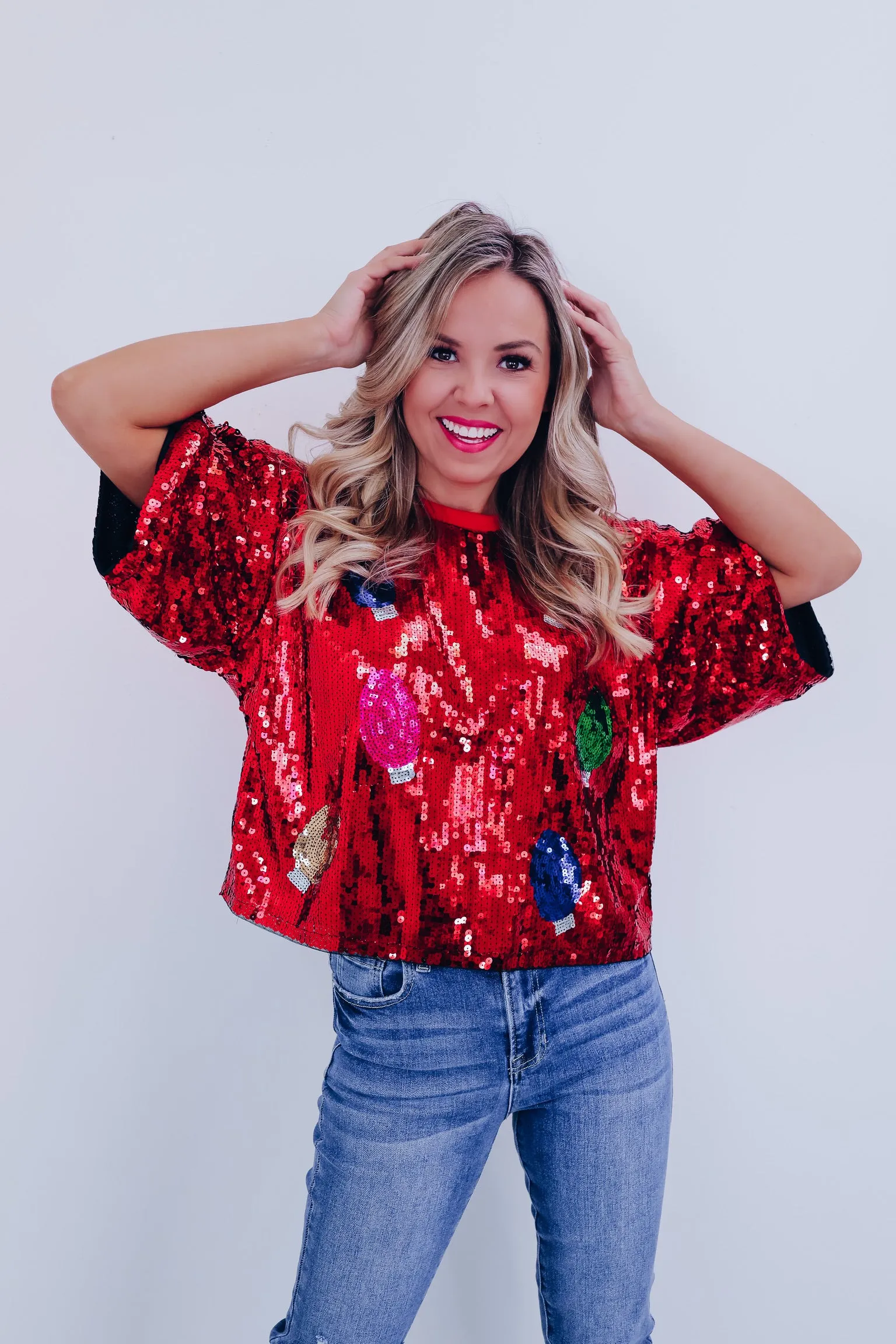 Glimmer Christmas Light Sequin Crop Top - Red