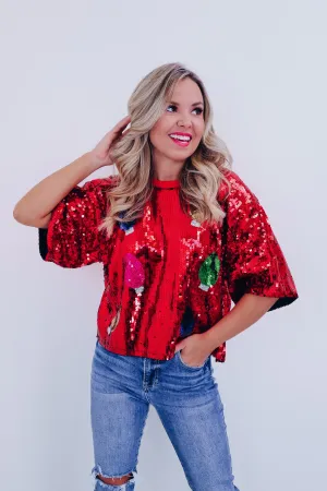 Glimmer Christmas Light Sequin Crop Top - Red