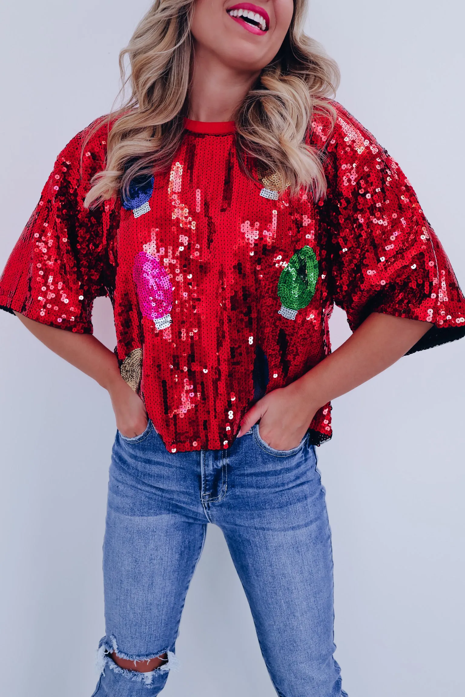 Glimmer Christmas Light Sequin Crop Top - Red
