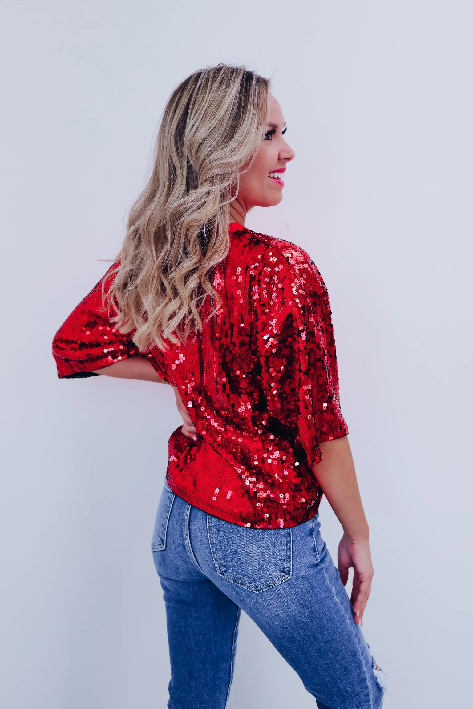 Glimmer Christmas Light Sequin Crop Top - Red