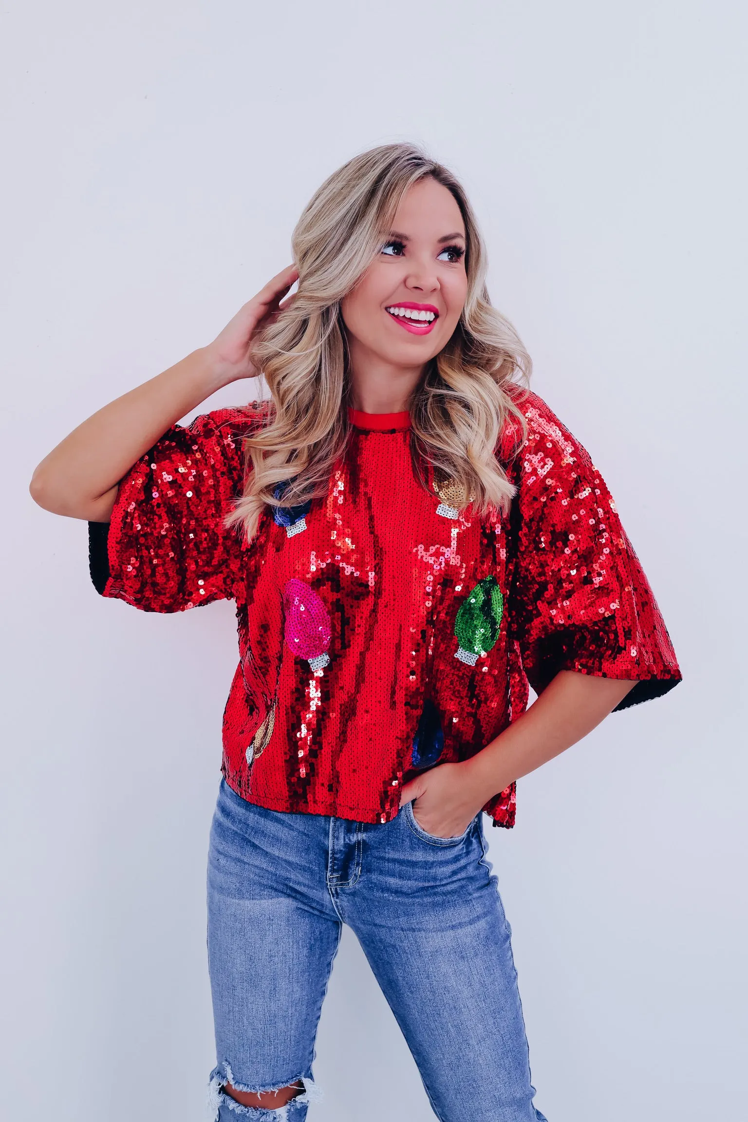 Glimmer Christmas Light Sequin Crop Top - Red