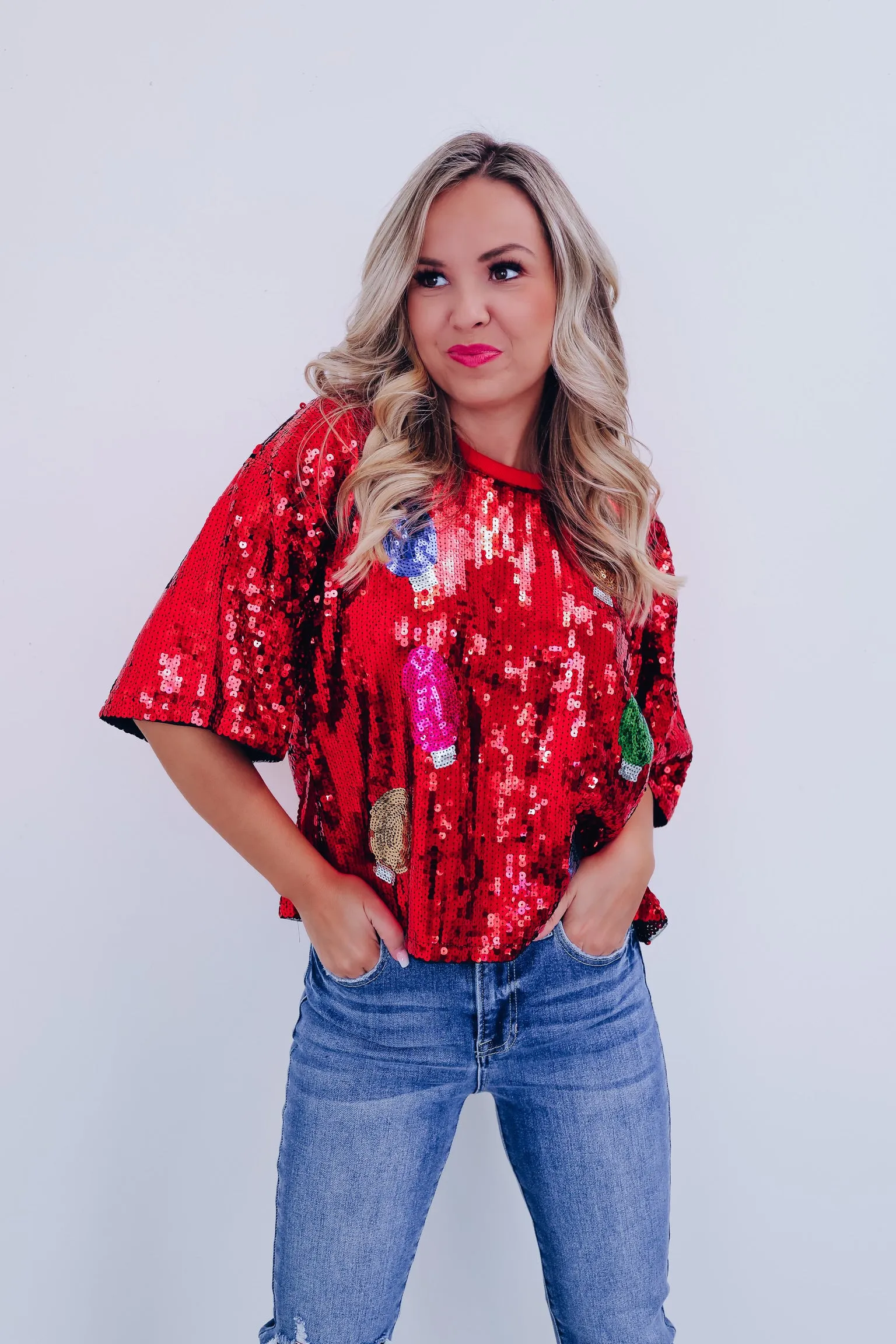 Glimmer Christmas Light Sequin Crop Top - Red
