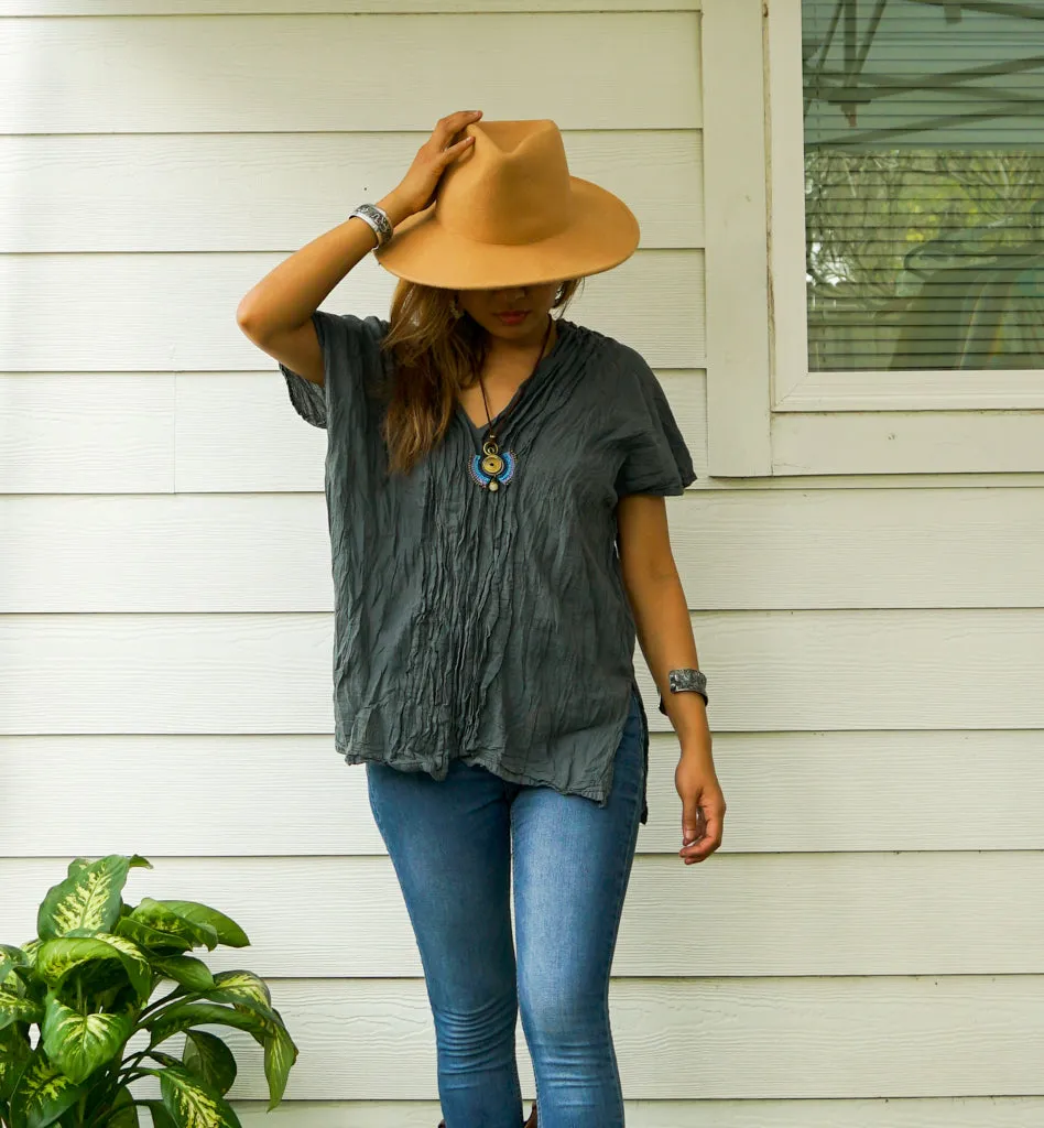 Gray Raw Natural Crinkled Cotton Gauze Blouse