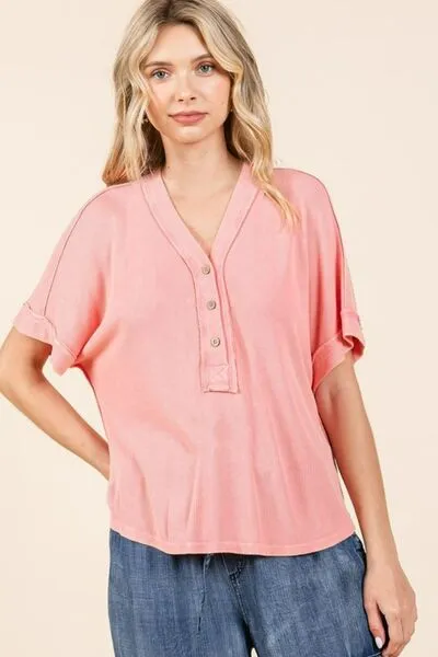 Hazel Blues® |  Mittoshop Mineral Wash Henley Short Sleeve Waffle Knit Top