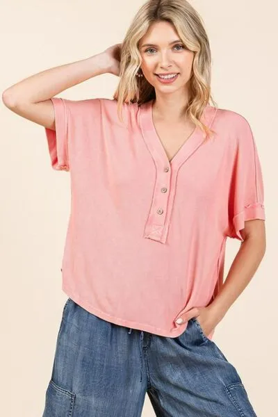 Hazel Blues® |  Mittoshop Mineral Wash Henley Short Sleeve Waffle Knit Top