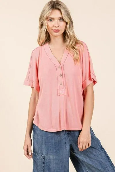Hazel Blues® |  Mittoshop Mineral Wash Henley Short Sleeve Waffle Knit Top