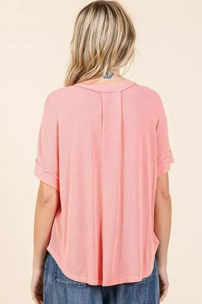 Hazel Blues® |  Mittoshop Mineral Wash Henley Short Sleeve Waffle Knit Top