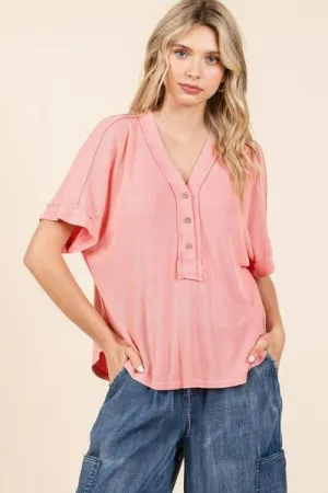 Hazel Blues® |  Mittoshop Mineral Wash Henley Short Sleeve Waffle Knit Top